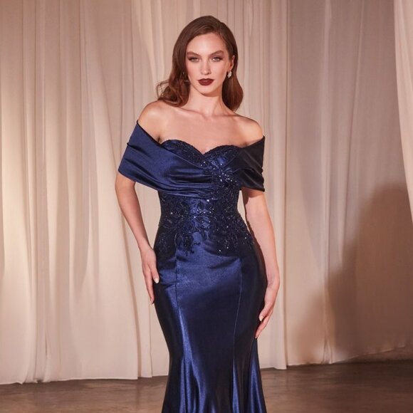 NEW FORMAL LONG SHEATH OFF SHOULDER SATIN GOWN W/ LACE & BEADS EMBROIDERY CDS507